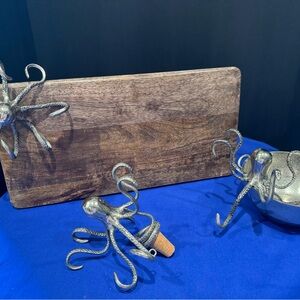 MUDPIE Silver Octopus Acacia wood Tray, Wine Stopper and Bowl